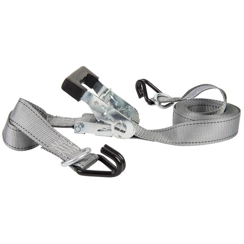 Gray 14-inch Emery Jensen tie-down with ratchet strap for securing loads and cargo.