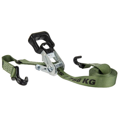 Emery Jensen 12-foot green tie-down strap with 1666-pound capacity, featuring durable hooks and adjustable length for securing loads.