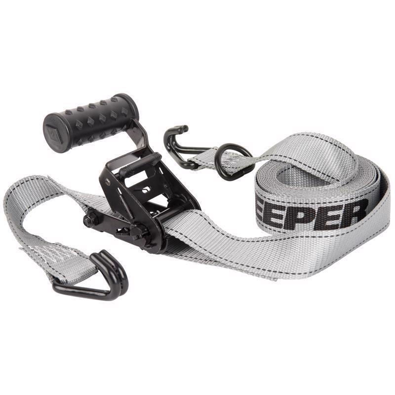 Gray 12-foot Emery Jensen tie-down strap with 1,000-pound capacity, shown in a close-up of the secured strap with hooks.