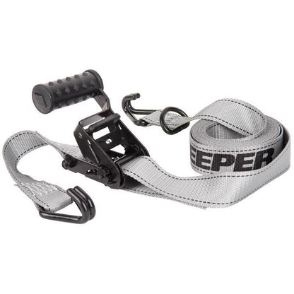 Gray 12-foot Emery Jensen tie-down strap with 1,000-pound capacity, shown in a close-up of the secured strap with hooks.