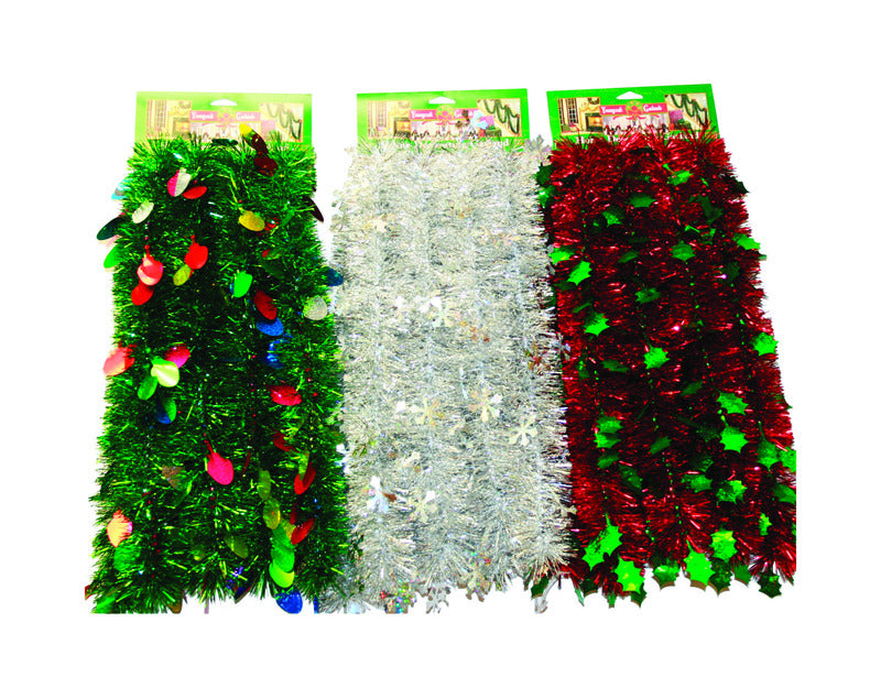 Six 10-foot Emery Jensen holographic tinsel bead garlands, festive and shiny decorative embellishments for celebrations.