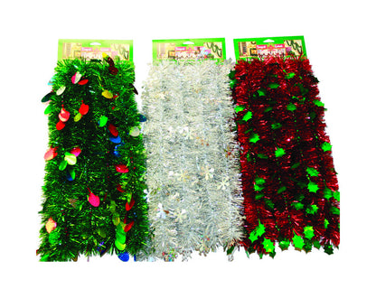 Six 10-foot Emery Jensen holographic tinsel bead garlands, festive and shiny decorative embellishments for celebrations.