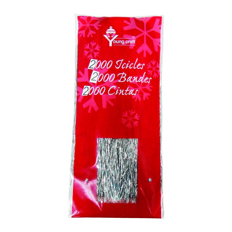 Silver icicles tinsel garland by Emery Jensen with 2000 beads, ideal for festive decorations, shown in a pack of 72.