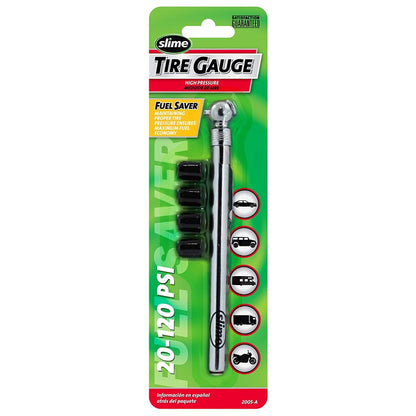 Emery Jensen pencil tire gauge measuring pressure up to 120 PSI, with a metal body and easy-to-read dial for accurate tire inflation.