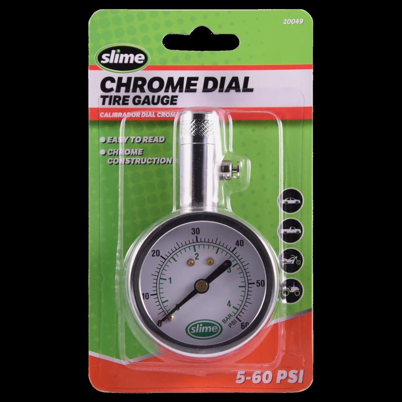 Chrome dial tire gauge by Emery Jensen showing pressure readings on a round gauge with valve stem.