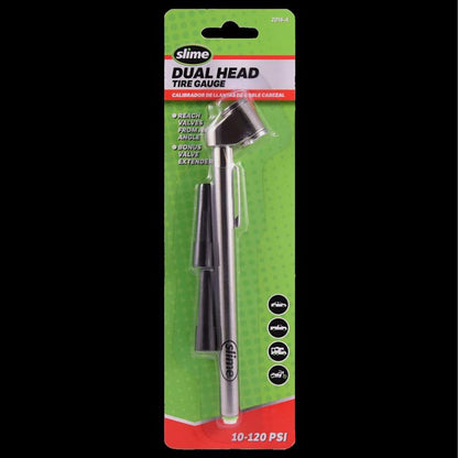 Emery Jensen dual head tire gauge with valve adapters, digital display for accurate tire pressure measurement.