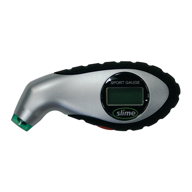 Emery Jensen LED digital tire gauge with pressure display and valve tools, suitable for accurate tire pressure measurement.