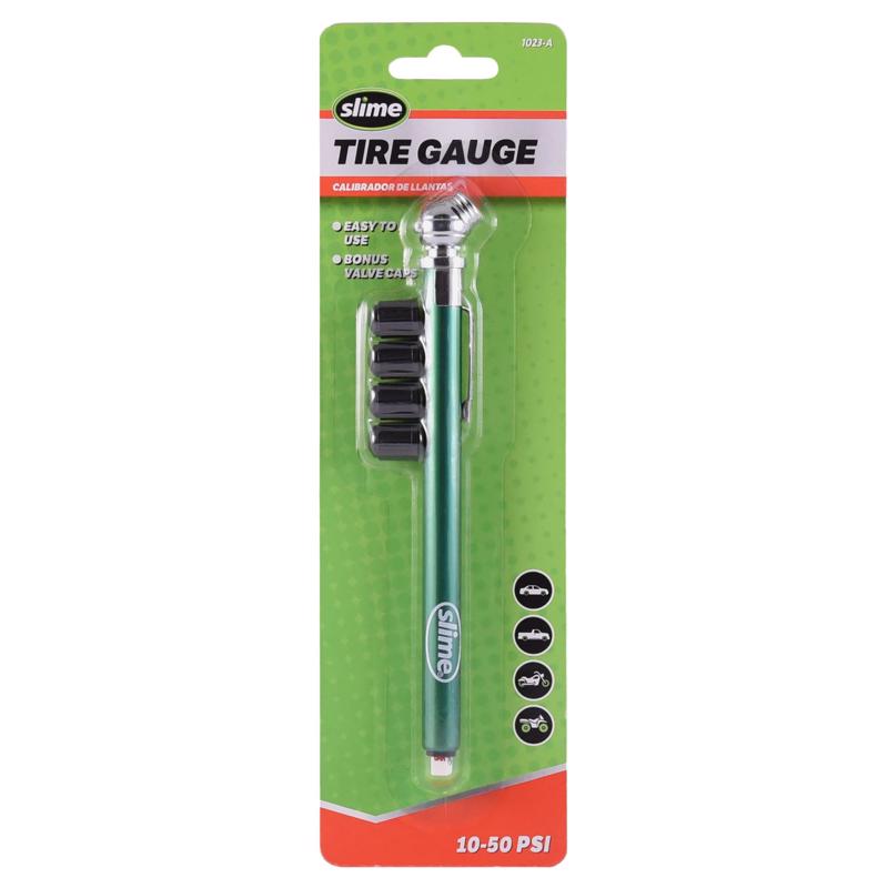 Emery Jensen tire gauge with pencil clip for measuring tire pressure on vehicle valves, featuring a compact design.