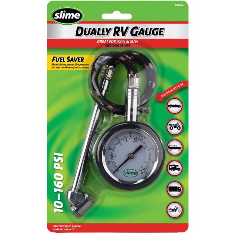 Emery Jensen tire gauge with hose and dial for accurate tire pressure measurement and valve testing.
