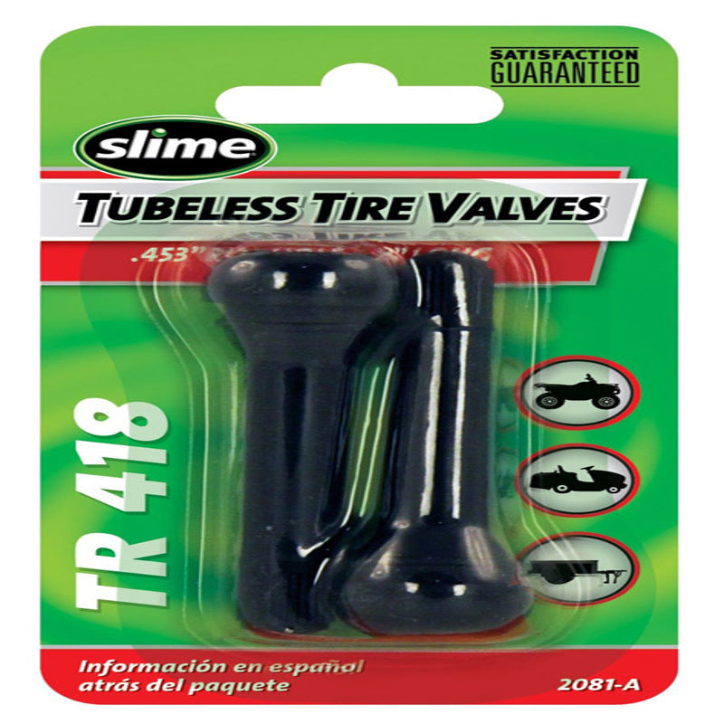 Emery Jensen TR418 tire valves and gauge set, black rubber valves with metal connectors, 2-pack for vehicle tire maintenance.