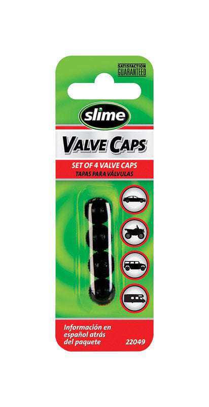 Black plastic valve caps for tires, Emery Jensen 4-pack, designed for tire gauges and valve protection.
