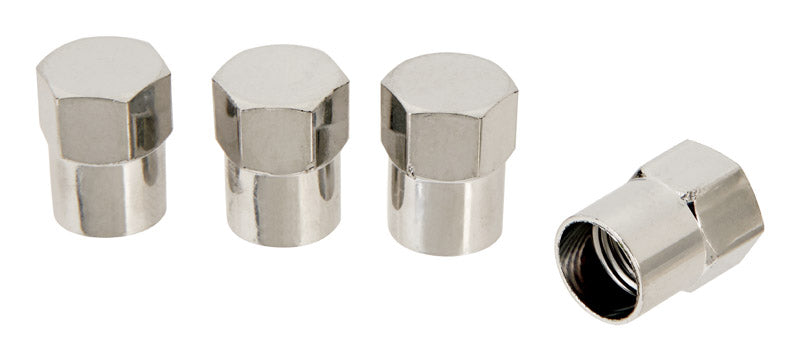 Set of four Emery Jensen chrome valve caps for tires, designed to fit standard tire gauge valves, with a shiny metallic finish.