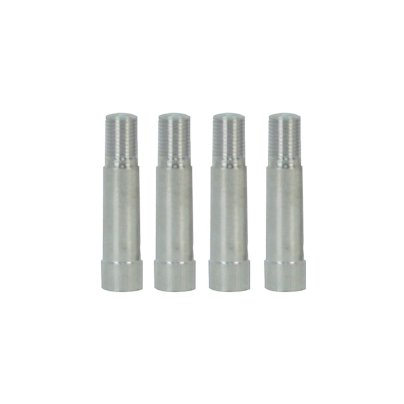 Set of four Emery Jensen valve extend chrome tire gauges and valves for precise tire pressure measurement.