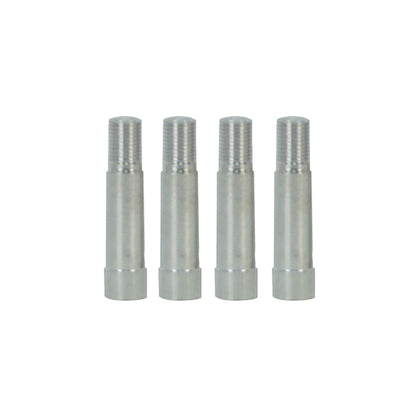 Set of four Emery Jensen valve extend chrome tire gauges and valves for precise tire pressure measurement.