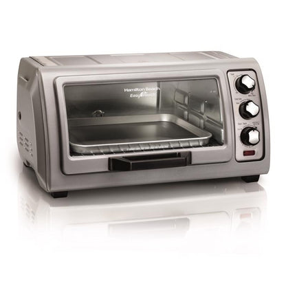 Emery Jensen TSTR OVN MTL SLV 1400W toaster oven in silver, countertop appliance with digital controls and interior rack.