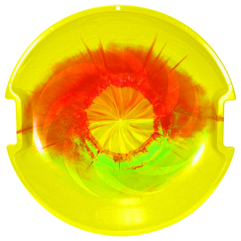 Disc Tie Dye Saucer 26-inch sled by Emery Jensen, colorful round toboggan with tie-dye pattern for winter fun.