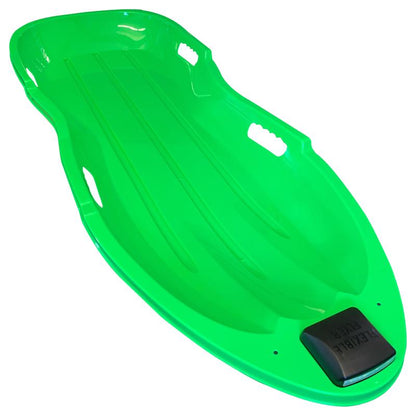 Green 47-inch plastic sled from Emery Jensen with built-in lights, designed for fun winter sledding adventures.