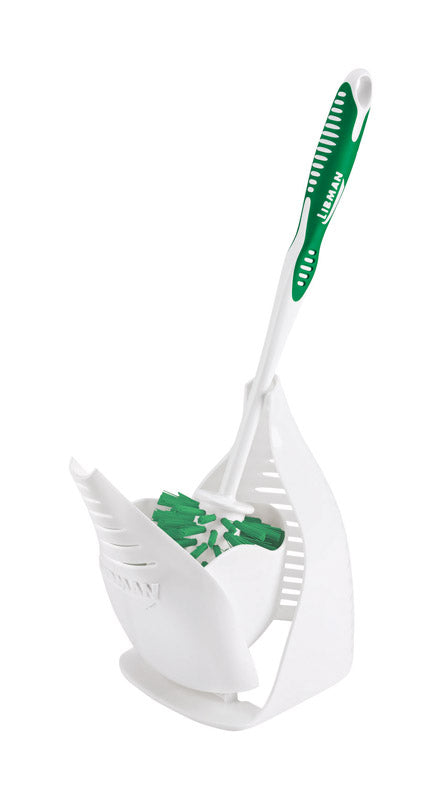 Set of four green and white Emery Jensen toilet brushes with caddies, 3-inch size, in a natural, functional display.