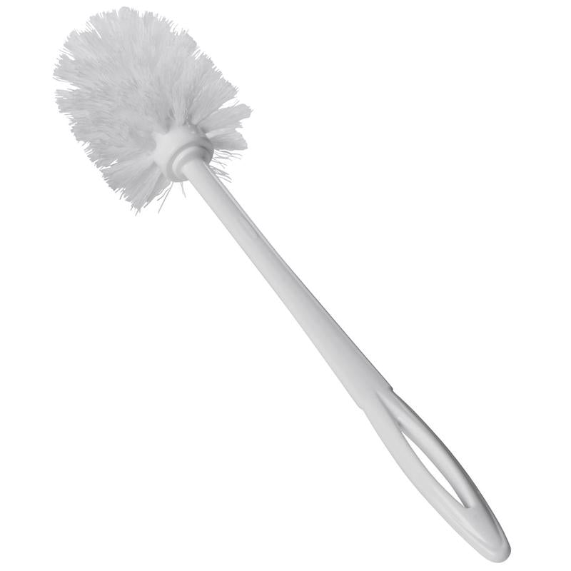 Emery Jensen white toilet bowl brush with sturdy handle and bristles for cleaning toilets effectively.