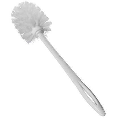 Emery Jensen white toilet bowl brush with sturdy handle and bristles for cleaning toilets effectively.