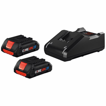 Emery Jensen 18V starter battery and charger for power tools, shown with the compact charger and battery pack.