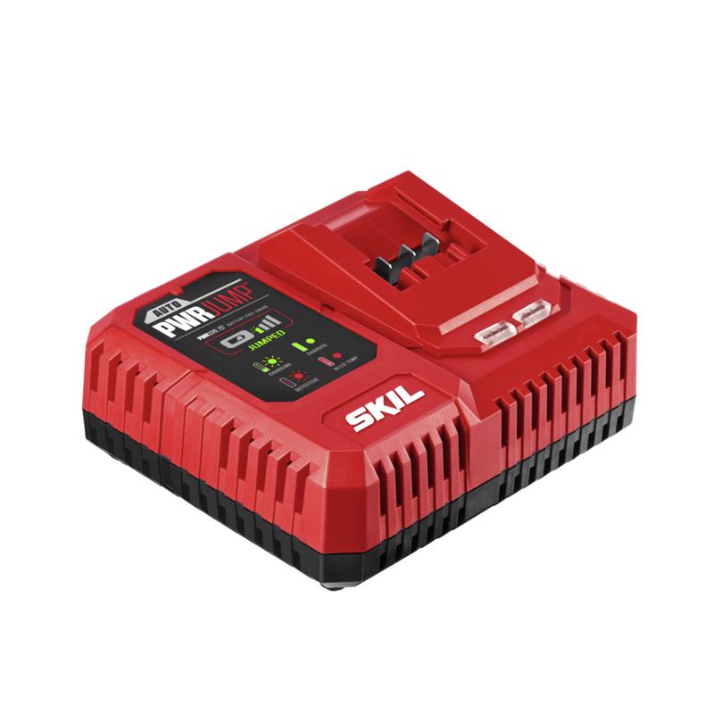Emery Jensen PWRCORE 20V battery charger for power tools, compact design with power indicator lights, black and gray color.