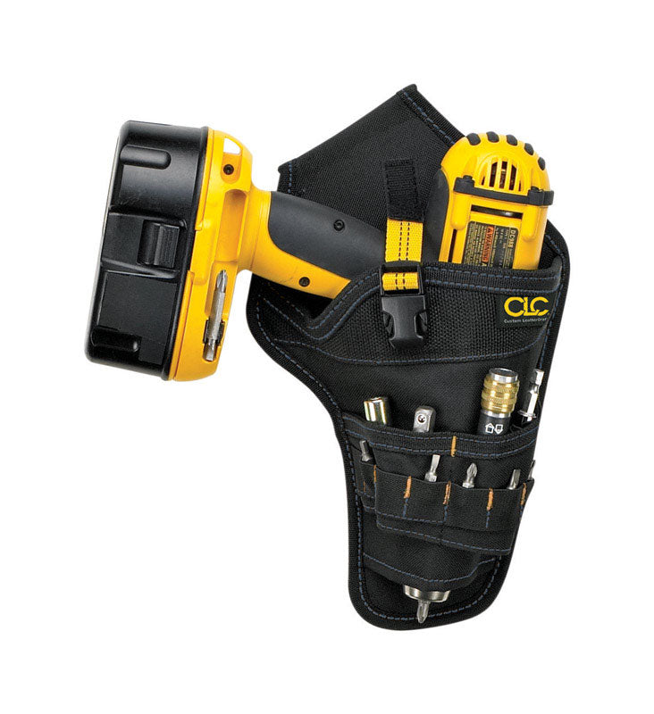 Emery Jensen cordless drill holster on a toolbelt, made of durable fabric with multiple compartments for tool organization.