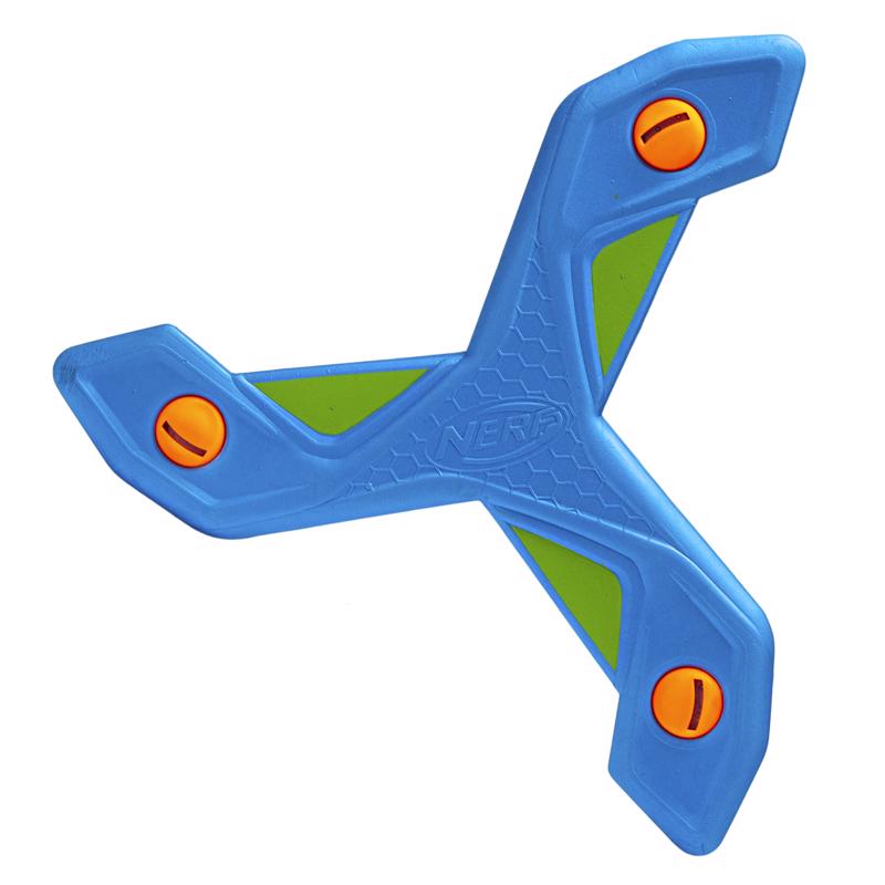 Blue foam boomerang toy from Emery Jensen Toss Games, designed for outdoor fun and easy to catch.