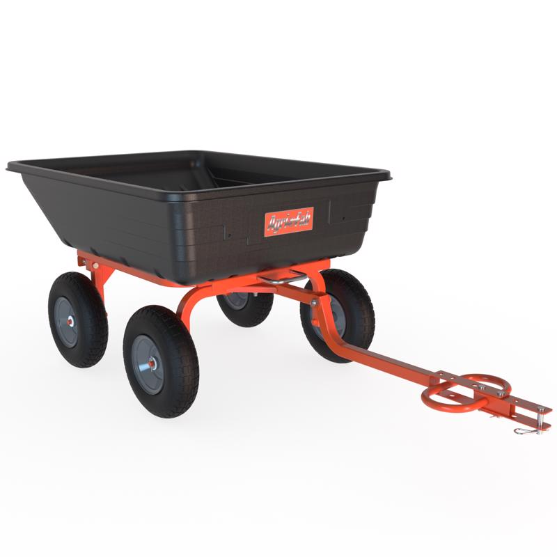 Emery Jensen 36-inch pneumatic dump cart, tow behind cart with sturdy metal frame and large rubber tires for heavy-duty hauling.