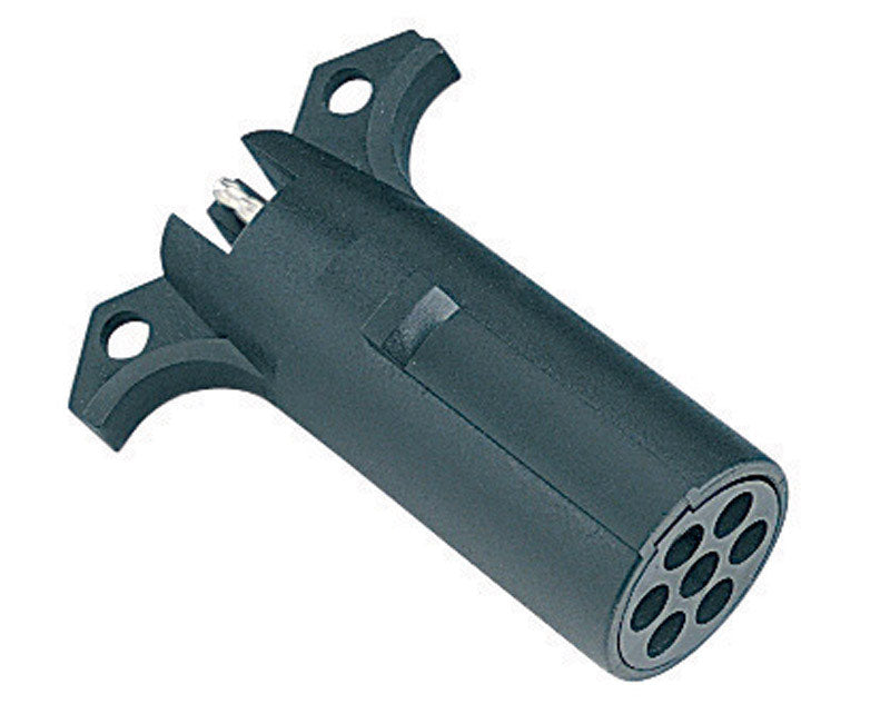 Emery Jensen 7-pin to 4-flat trailer connector adapter showing black plastic housing and metal pin contacts.
