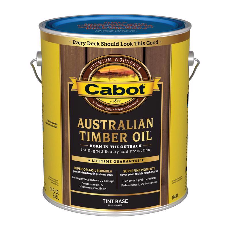 Pack of four Emery Jensen Cabot ATO Tint Base 1-gallon transparent stain containers for wood and surface coloring.