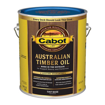 Pack of four Emery Jensen Cabot ATO Tint Base 1-gallon transparent stain containers for wood and surface coloring.