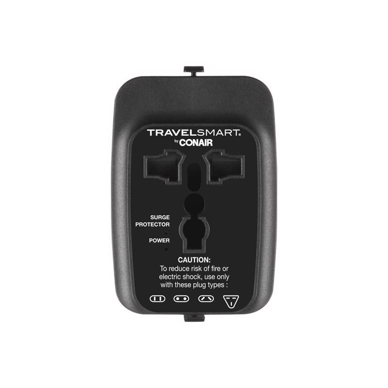 Emery Jensen travel adapter plug with USB port, compatible with A/B outlets, for international travel and device charging.