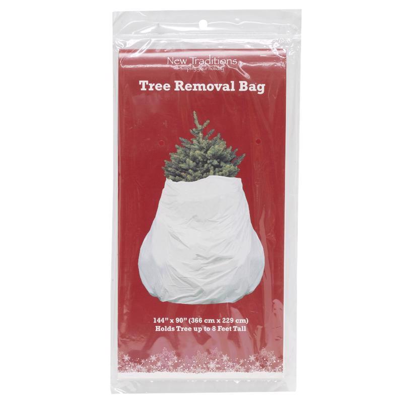 White tree removal bag from Emery Jensen, durable tree accessories and storage bag for easy yard cleanup.