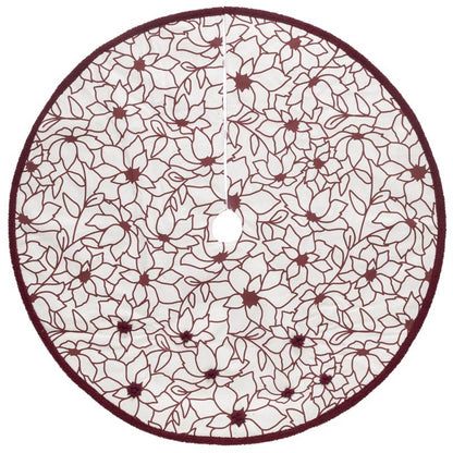 Set of four Emery Jensen tree skirts in festive red and white with printed patterns, ideal for holiday decorating.