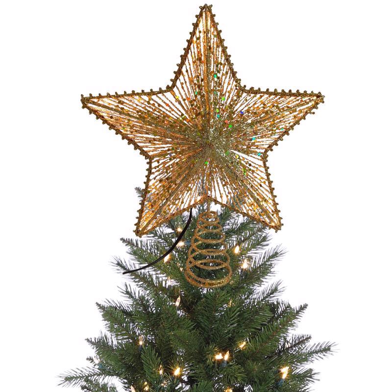 Set of four LED tree toppers featuring gold star designs by Emery Jensen, perfect for holiday decorating.