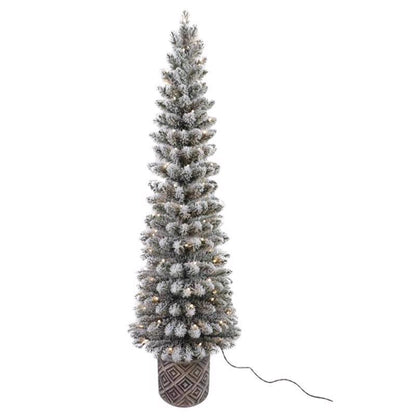 Emery Jensen CMAS flocked diamond-shaped Christmas tree, 5 feet tall, with lush green branches and flocked white snow finish.