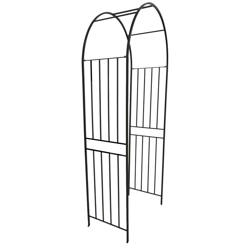 Black steel Arbor Trellis from Emery Jensen, 90 inches tall, with sturdy frame and decorative design for garden support and decor.