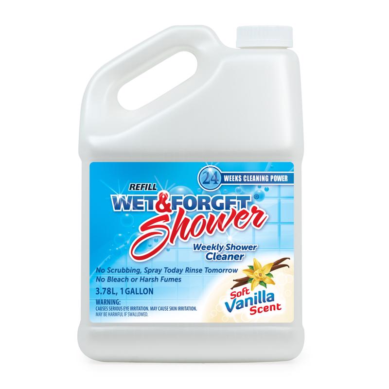 Emery Jensen shower cleaner bottle for tubs, tiles, and showers, 1-gallon size, with cleaning spray nozzle visible.