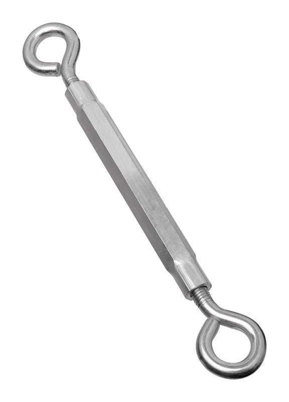 Emery Jensen turnbuckle E/e 11.75x1 inches, metal tensioning device for securing or adjusting cables and ropes.