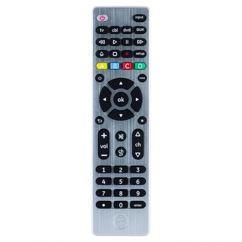 Emery Jensen universal remote control in silver for TV and audio devices, with buttons and ergonomic design.