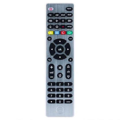 Emery Jensen universal remote control in silver for TV and audio devices, with buttons and ergonomic design.