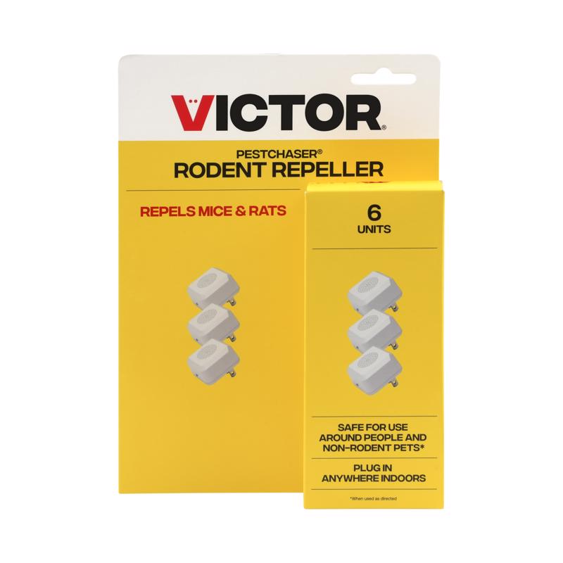 Emery Jensen RODNT REPL PLUG MINI 6PK ultrasonic pest repellers plugged into wall outlets, compact design for pest control.
