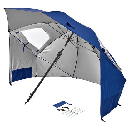 Blue compact umbrella by Emery Jensen, portable and lightweight with a sturdy canopy for rain protection.