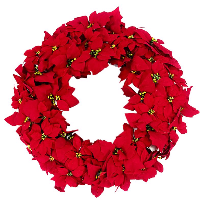 Unlit 24-inch wreath with red poinsettia accents from Emery Jensen, showcasing festive holiday decoration.