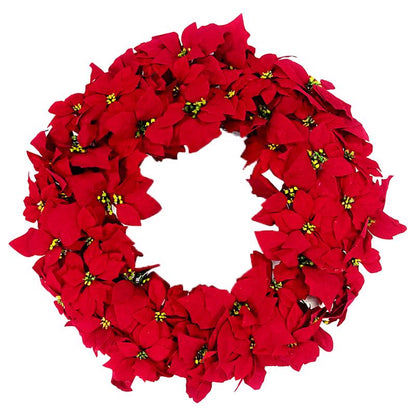 Unlit 24-inch wreath with red poinsettia accents from Emery Jensen, showcasing festive holiday decoration.