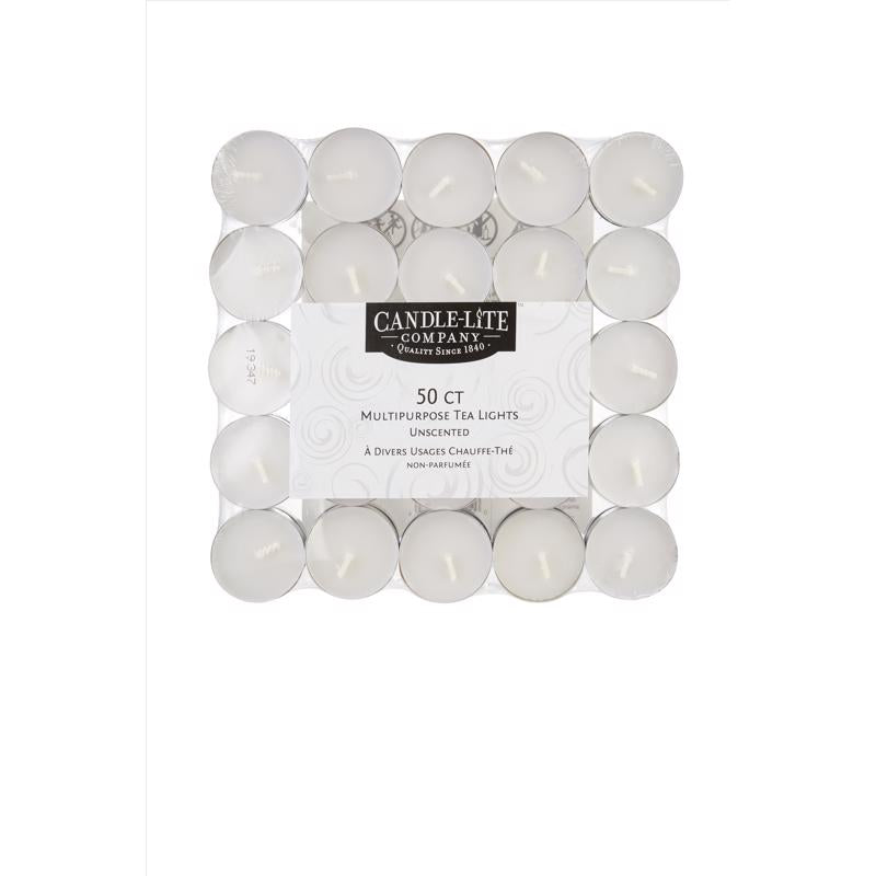 Emery Jensen unscented wax tea light candles, 50-pack, white, small and round for decorative or ambient lighting.