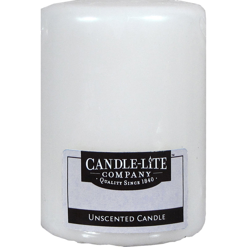 Set of 12 white pillar candles by Emery Jensen made of unscented wax, 4-inch height, ideal for decorative or ambient lighting.