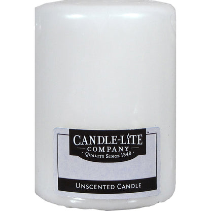 Set of 12 white pillar candles by Emery Jensen made of unscented wax, 4-inch height, ideal for decorative or ambient lighting.
