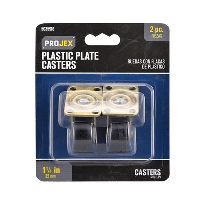 Pair of Emery Jensen 1.25-inch black utility casters with metal plates for furniture or equipment mobility.